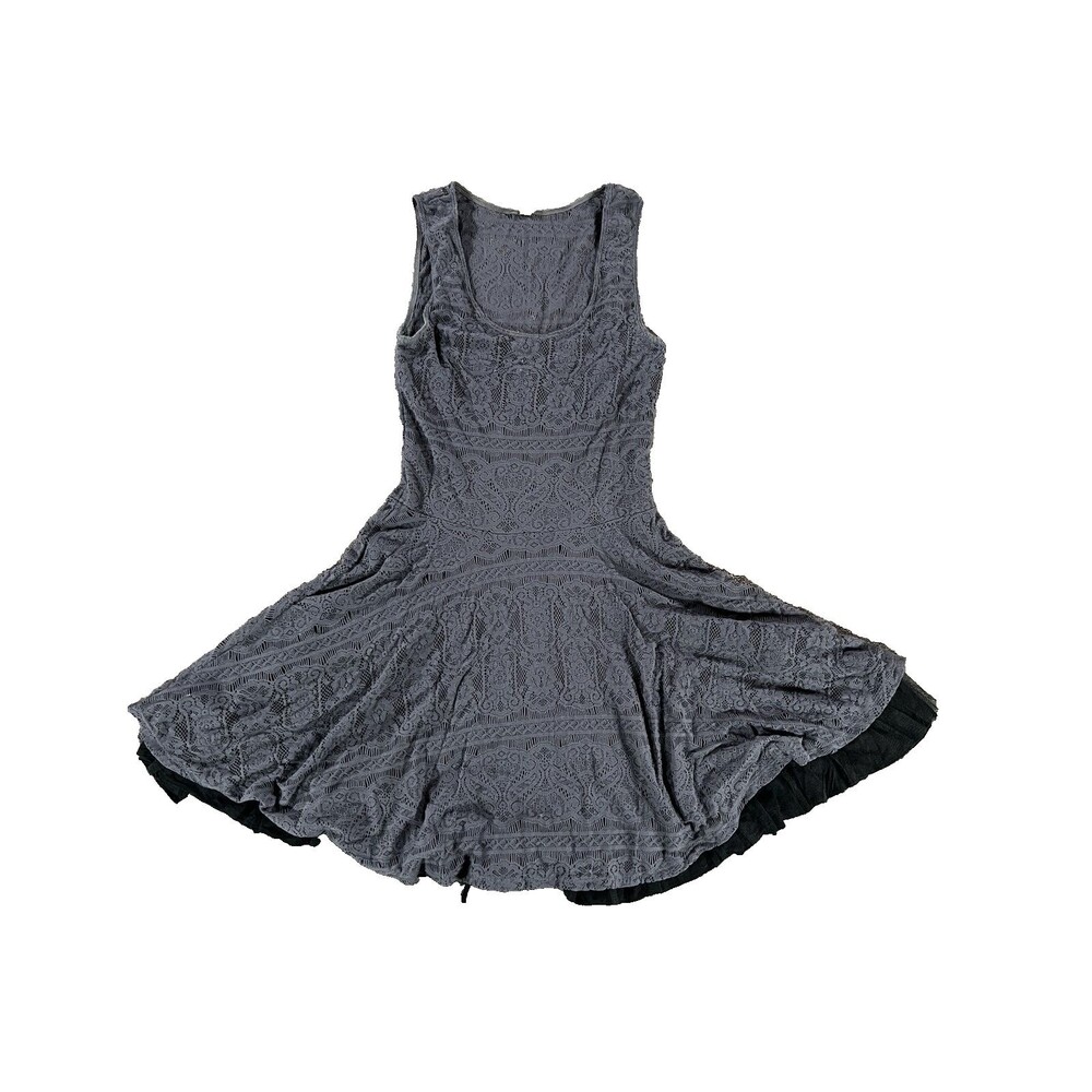 Free People VTG Navy Blue Midi Crochet Lace Overlay A-Line Dress w/Black Slip XS